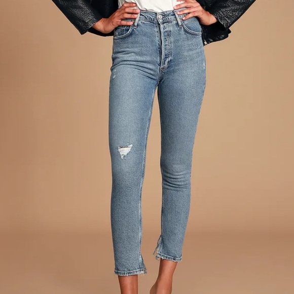 Agolde Denim - EUC Agolde Nico High Rise button fly denim jeans. Size 27. Distressed details.